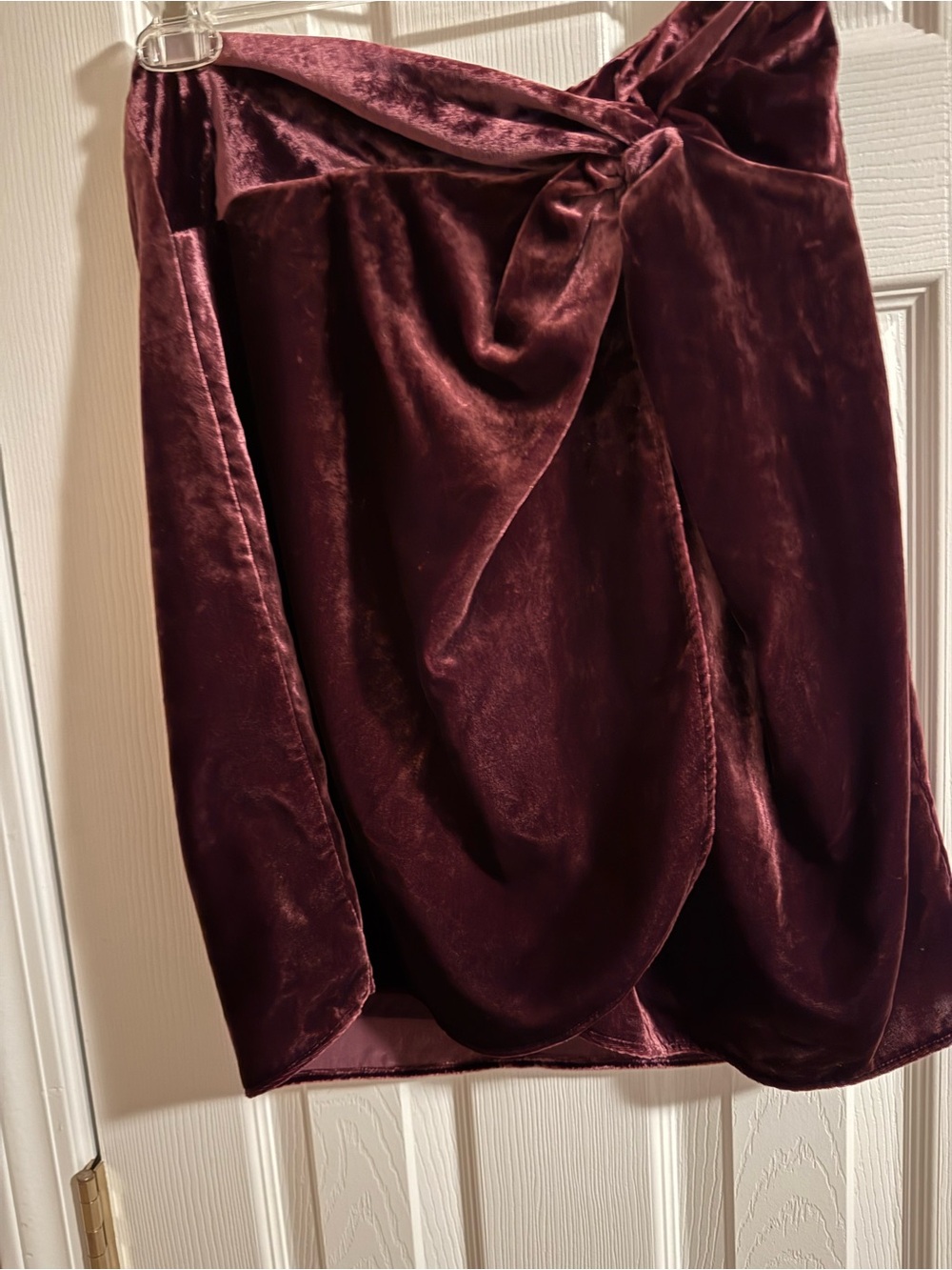 LOFT Velvet Asymmetrical Twist Mini Skirt in Burgundy